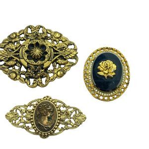 Vintage Black Gold Tone Rose Cameo C Clasp Charming Jewelry Brooch Pins Set of 3